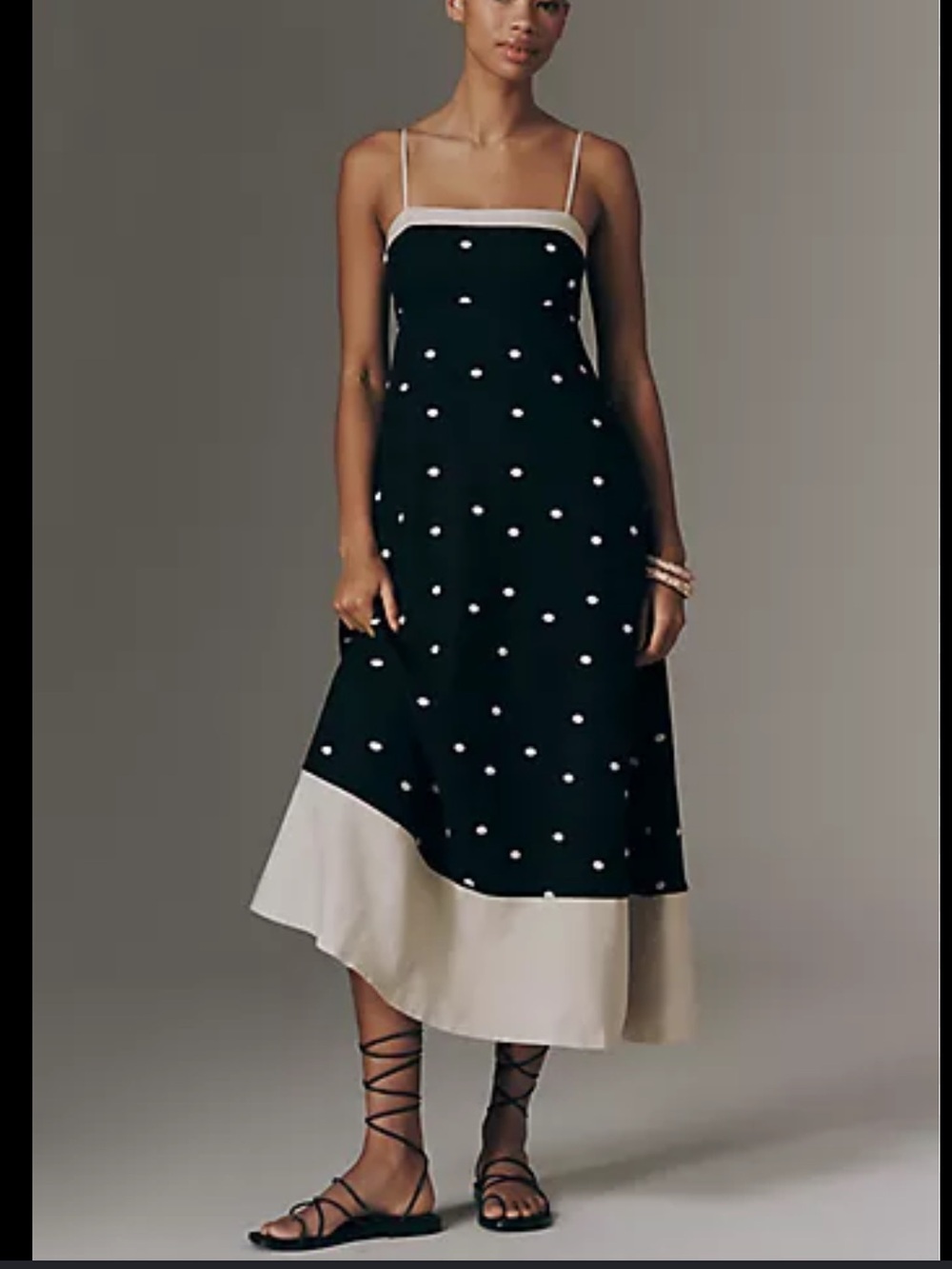 NEW Revolve Maude Club linen Black Polka Dot Maxi Dress with Cream Trim Medium